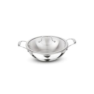 Signoraware Artista Tri Ply Stainless Steel Shallow Kadhai 22cm with Glass Lid | Induction & Gas Compatible | Durable | Ideal for Stir Frying & Sauteing | Best for Curry & Gravies (2.1 LTR | Steel)