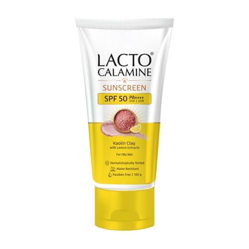 Lacto Calamine Sunscreen SPF 50 | 100g | PA ++++ Sunscreen For Oily Skin | UVA – UVB | Water Resistant & No White Cast | With Kaolin Clay, Vitamin E & Lemon Extracts | Paraben Free