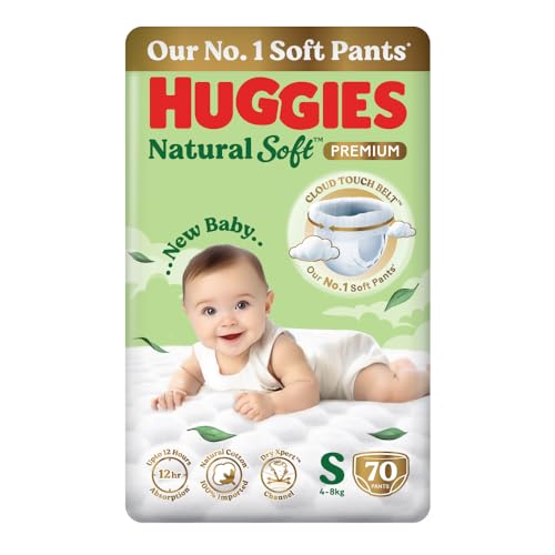 Huggies Natural Soft Premium Baby Diaper Pants, Our No.1 Soft Pants, Small (S) Size (4-8 Kgs), Pack of 70 diapers | Cloud Softness All over with India's 1st Cloud Touch BeltTM