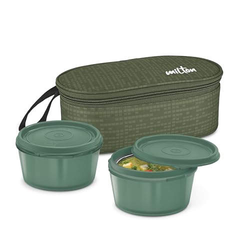 Milton Graze Lunch Box, 2 Round Inner Steel Microwave Safe Containers 320 ml Each with Insulated Bag, Odour Proof, Tiffin for Office, Leak-Proof Containers, Easy to Carry, Airtight Food Storage, Green
