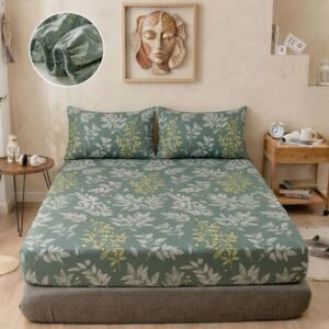 BSB HOME 240 TC Cotton Fitted Double Bedsheet with 2 Pillow Covers, Elastic Bed Sheet, Soft Breathable Skin-Friendly Fabric, All Season Comfort – 72 x 72 + 8 Inches (Sage Green)