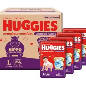 Huggies Complete Comfort Wonder Pants | Pant Style Baby Diapers Large Size, 256 Count | India’s Fastest Absorbing diaper, Clinically Proven to Prevent Diaper Rash | Ideal for 9 to 14 Kgs (64 count, Pack of 4)