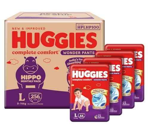 Huggies Complete Comfort Wonder Pants | Pant Style Baby Diapers Large Size, 256 Count | India's Fastest Absorbing diaper, Clinically Proven to Prevent Diaper Rash | Ideal for 9 to 14 Kgs (64 count, Pack of 4)