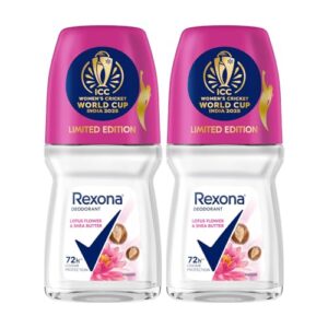 Rexona Lotus Flower & Shea Butter Antiperspirant Roll-On | for Women |72H Odour Protection | Limited Edition Pack – ICC Women’s Cricket World Cup India 2025 |50 ML (Pack of 2)