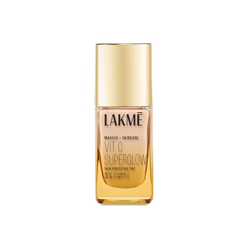 LAKME Makeup+Skincare, VitC Superglow Skin Perfecting Tint, Cool Ivory C100, 25ml, for Hydrated Smoother Skin, with 3% Active Vitamin C & Micro Radiance Boosters, Natural Finish, Airlight Formula