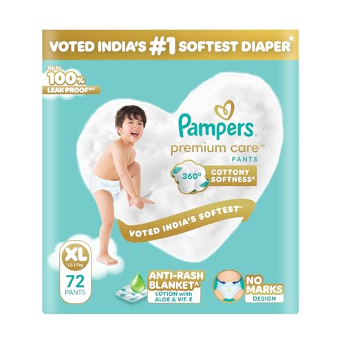 Pampers Premium Care Pant Style Baby Diapers XL 72 Count | No Marks Design | Voted India’s #1 Softest Diaper | All in 1 diaper with 360 Cottony Softness