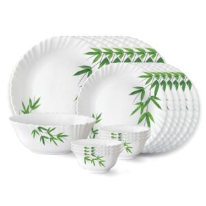 Larah by Borosil Bamboo Leaves Fluted Series Opalware Dinner Set | 19 Pieces for Family of 6 | Microwave & Dishwasher Safe | Bone-Ash Free | Crockery Set for Dining & Gifting | Plates & Bowls | White