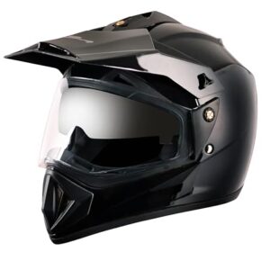 Vega Off Road ISI Certified Gloss Finish Full Face Dual Visor with Peak Helmet for Men and Women Outer Clear Visor and Inner Smoke Sun Visor(Black, Size:M)