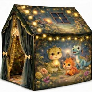 Kids Play Tent House with Dinosaur Theme, Polyester, Dark Green, Foldable, for Boys and Girls Aged 4-10 Years