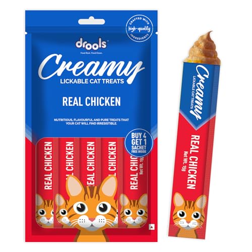 Drools All Life Stages Creamy Lickable Cat Treat (75g x 5 Sticks,375g) Pack of 5 | Real Chicken Flavour | Easy to Hand Feed | Support Your Cat's Overall Health & Well-Being | Rich & Flavourful