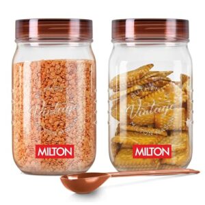 Milton Vintage Airtight Containers with Spoons for Kitchen Storage Food Grade Plastic, Stackable & Transparent Organizer Jars, Masala Dabba, Set of 2 (2 Litres each) for Tea, Coffee, Sugar, Dry Fruits