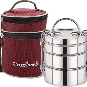 neelam Stainless Steel Lunch Box/Tiffin with Bag, 3-Tier Container, 1100 ml, Hot & Cold Leak-Proof, Compact & Durable, Perfect for Office, School, Picnic and Travel, Silver