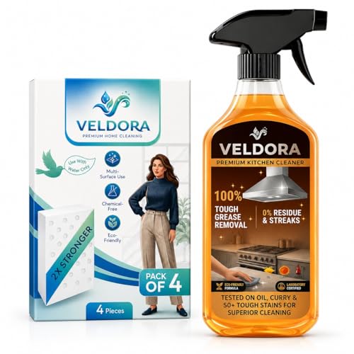 Veldora Kitchen Cleaner Spray & Multi-Surface Eraser Sponge Combo (Pack of 4 Sponges + 1 Spray Bottle 500 ml) | 100% Tough Grease, Oil & Curry Stain Removal | Eco-Friendly & Chemical-Free Formula