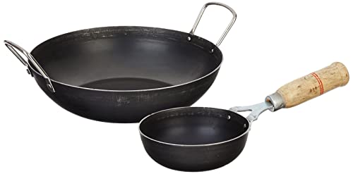 Amazon Brand - Solimo Sheet Metal Iron Cookware Set of 2 Pc (Induction Base Kadai 24 cm Dia, Tadka Pan 13 cm Dia) 100% Toxin-Free, Naturally Non-Stick, Long Lasting