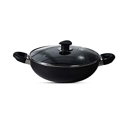 BERGNER Essential Plus 5-Layer Non-Stick 20cm Kadai with Glass Lid, 2.3 L Kadhai, Consumes Less Oil, Bakelite Handles with Comfortable Grip, Quick Heat Distribution, Easy to Clean - Induction Bottom