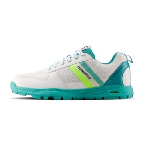 Hundred PitchStrike Cricket Shoes|Multi-Surface Grip with TerraSpike Outsole|Energy Layer Midsole|Lightweight, Breathable | Ideal for Turf, Ground & Hard Surfaces (White/Turquoise/Lime Green;UK 5)