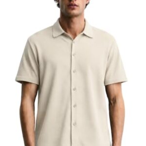 Alan Jones Clothing Men’s Waffle Knit Shirt | Casual Relaxed Fit Short Sleeve Button Down | Textured Cotton Blend Shirt (Beige_S)