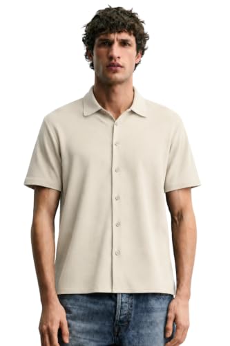 Alan Jones Clothing Men's Waffle Knit Shirt | Casual Relaxed Fit Short Sleeve Button Down | Textured Cotton Blend Shirt (Beige_S)