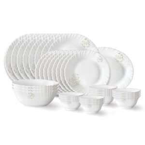 Larah by Borosil Ingot Fluted Series Opalware Dinner Set | 36 Pieces for Family of 8 | Microwave & Dishwasher Safe | Bone-Ash Free | Crockery Set for Dining & Gifting | Plates & Bowls | White