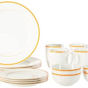 Amazon Brand – Solimo Solid Ceramic 16 Piece Dinner Set | 4 Dinner Plates, 4 Quarter Plates, 4 Mugs & 4 Small Bowls | Yellow Strip Design