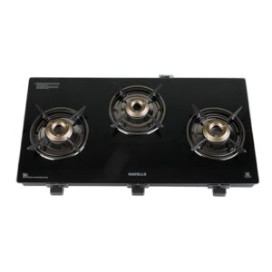Havells GEOSLIM Gas stove |3 Heavy Duty Forged Brass Burner|6 mm Toughened Glass|Premium Valves|Removable Drip Tray|Soft Touch Knobs|5 year Warranty on Burners, Glass & Valves by Havells (Black)