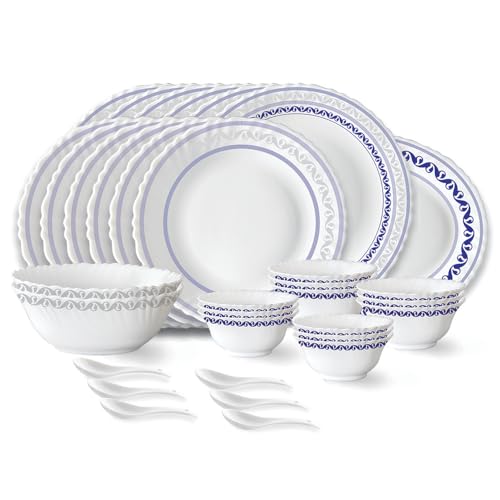 Larah by Borosil Jazzblue Fluted Series Opalware Dinner Set | 33 Pieces for Family of 6 | Microwave & Dishwasher Safe | Bone-Ash Free | Crockery Set for Dining & Gifting | Plates & Bowls | White
