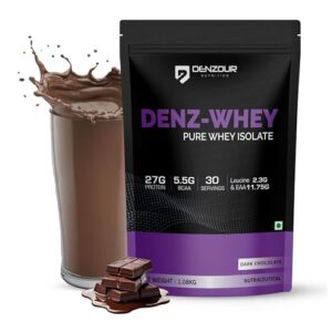 DENZOUR NUTRITION Denz Whey Isolate Protein Powder for Men & Women | 27g Protein + 5.5g BCAA per Scoop | Fast Absorbing, Easy to Digest | Dark Chocolate Flavour | 1.08 kg, 30 Servings