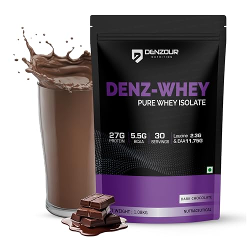 DENZOUR NUTRITION Denz Whey Isolate Protein Powder for Men & Women | 27g Protein + 5.5g BCAA per Scoop | Fast Absorbing, Easy to Digest | Dark Chocolate Flavour | 1.08 kg, 30 Servings