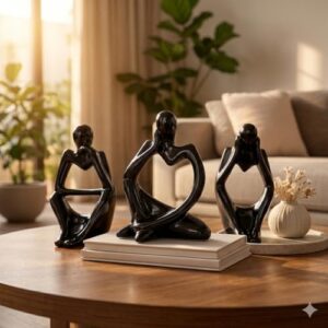 Floryn Decor Thinker Men Statue Set of 3 – Modern Black Matte Ceramic Showpiece for Home Decor, Living Room, Bedroom, Office Desk & Table, Bookshelf Decoration | Minimalist Abstract Figurines