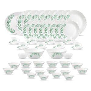 La Opala Diva Classique Collection Opal Glass Crockery | for Family of 8 | Dinner Set 53 pcs Olive Trails | Plates, Bowls & Cups for Dining | Microwave Safe | 100% Vegetarian | Extra Strong | White
