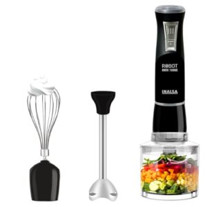 INALSA Hand Blender 1000 Watts with Chopper, Whisker| Variable Speed & Turbo Speed Function|100% Copper Motor|0.6Liter|Low Noise |Anti-Splash Technology|Home&kitchen|2 Year Warranty (Robot Inox 1000E)