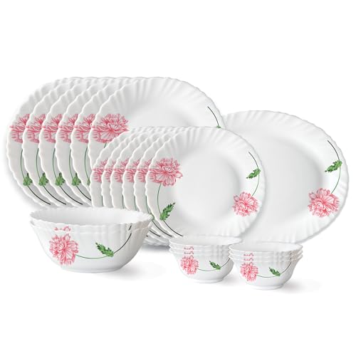 Larah by Borosil Red Mist Fluted Series Opalware Dinner Set | 21 Pieces for Family of 6 | Microwave & Dishwasher Safe | Bone-Ash Free | Crockery Set for Dining & Gifting | Plates & Bowls | White