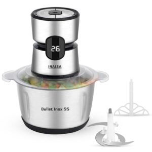 INALSA Bullet Inox SS Electric Chopper|Digital Display|500W Powerful Motor|2L 304 Stainless Steel Processing Bowl|4Layer SS Blades With Spatula|High-Performance Chopping|2-Yr Warranty (Bullet Inox SS)