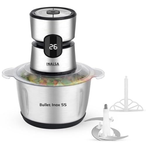 INALSA Bullet Inox SS Electric Chopper|Digital Display|500W Powerful Motor|2L 304 Stainless Steel Processing Bowl|4Layer SS Blades With Spatula|High-Performance Chopping|2-Yr Warranty (Bullet Inox SS)
