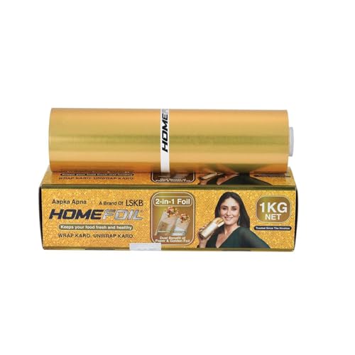 HOMEFOIL 2-in-1 Paper & Golden Converted Aluminium Foil (1 KG Net) for Food Packing | Keeps Food Fresh | Ideal for Food Wrapping, Packing, Storing and Serving | 62.13 Meter Net Guaranteed Length
