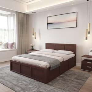 MAMTA Decoration Sheesham Wood Queen Size Bed with Hydraulic Storage | Wooden Double Bed Cot Palang Furniture for Bedroom Living Room Home (Walnut Finish)