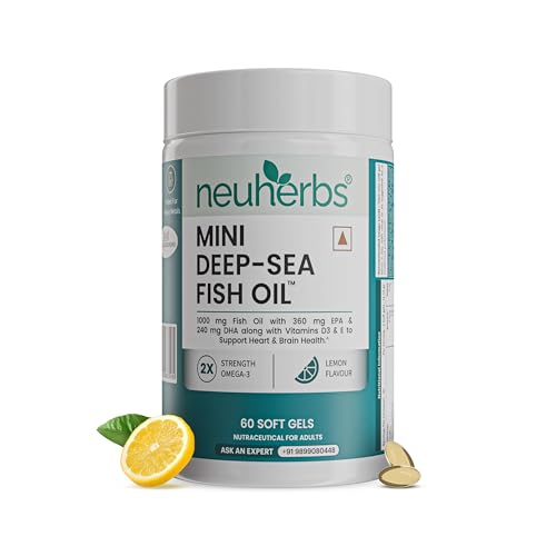 Neuherbs Mini Deep Sea Omega 3 Fish Oil Capsules 1000mg Supplement | EPA - 360mg, DHA - 240mg | With Vitamin E & D3 | Supports Heart, Brain, Muscle & Joint Health| Lemon Flavour - 60 Softgels