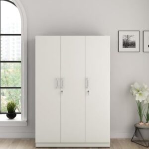 Spacewood Optima Wardrobe | 3 Year Warranty | Almirah, Cupboard, Almari, 3 Door Wardrobe, 2 Hanging Space|Engineered Wood| Kingston White