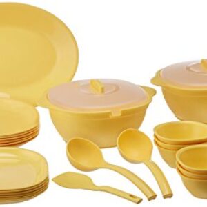 SignoraWare BPA Free Plastic Square Dinner Set | Microwave Safe | Unbreakable & Lightweight | Odor-Free | Great for Parties & Gatherings | Ideal for Regular Home Meals (Set of 32 pcs | Yellow)