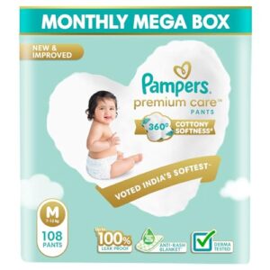 Pampers Premium Care Diaper | Pant Style Baby Diapers Medium Size, 108 Count | 360 Cotton Softness Diaper |Anti Rash Diaper with Aloe Vera and 100% Leak Proof Protection | (54 Count, Pack of 2)