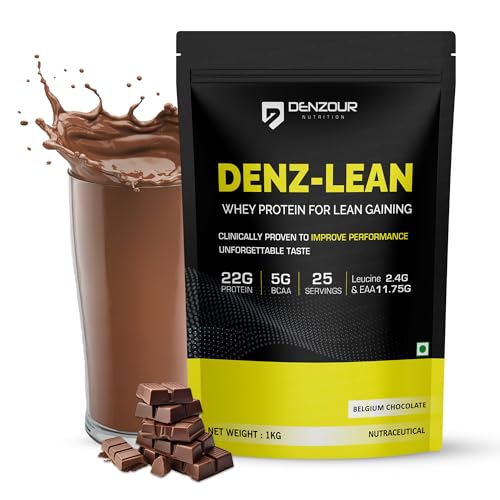 DENZOUR NUTRITION Denz-Lean Whey Protein - Belgium Chocolate, 1Kg (25 Servings) | For Lean Muscle Gains | 22g Protein, 5g BCAA | 11.75g EAA & 2.4g Leucine Faster Muscle Recovery & Improved Strength
