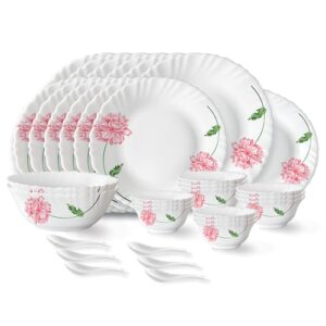Larah by Borosil Red Mist Fluted Series Opalware Dinner Set | 33 Pieces for Family of 6 | Microwave & Dishwasher Safe | Bone-Ash Free | Crockery Set for Dining & Gifting | Plates & Bowls | White