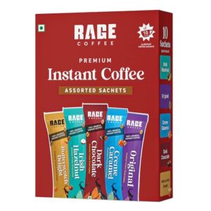 Rage Coffee Instant Freeze Dried Coffee Sachets (Pack of 10) – 5 Flavours (Irish Hazelnut, Cream Caramel, Dark Chocolate, Original, Butterscotch Delight) – 2g Single-Serve Arabica Coffee Sachets | Quick Hot & Cold Brew