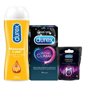 Durex Mutual Climax Condoms – 10s + Durex Play Massage 2in1 Sensual – 200 ml + Durex Play Vibrating Ring