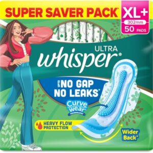 Whisper Ultra Upto No Gap No Leaks* Sanitary Pads, 50 XL+ Pads, For Heavy Flow Protection, With CURVEWEAR Technology, Cotton Like Softness, Disposable Wrapper, Locks Odour & Wetness (*Based on P&G Technical Data) (Product Does Not Contain Cotton)