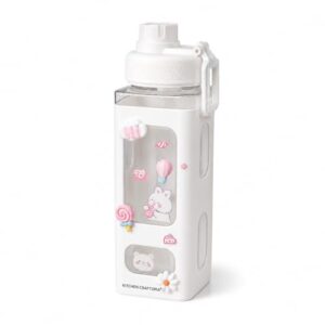 KITCHEN CRAFTOPIA® Kawaii Water Bottle for Girls with Straw & Movable Handle | Leak-Proof BPA-Free Cute Plastic Bottle with 2D & 3D Stickers | Stylish School & Travel Bottle for Kids (750 ml) (White)