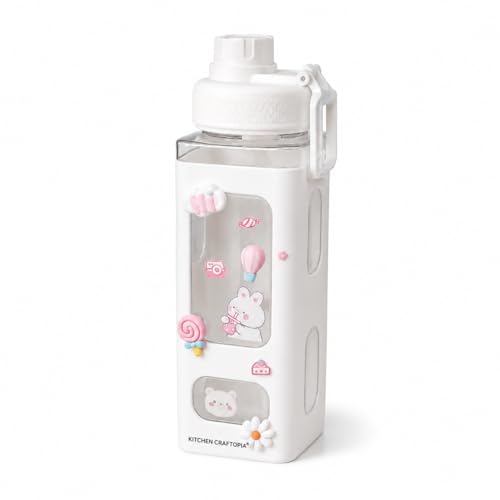 KITCHEN CRAFTOPIA® Kawaii Water Bottle for Girls with Straw & Movable Handle | Leak-Proof BPA-Free Cute Plastic Bottle with 2D & 3D Stickers | Stylish School & Travel Bottle for Kids (750 ml) (White)
