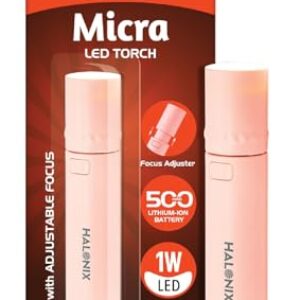 Halonix 1W Micra Rechargeable Torch with Focus Adjuster | Li-ion Battery | Compact LED Flashlight | Adjustable Beam | Pocket Torch for Women | Ideal for Travel & Home | Pink/Green