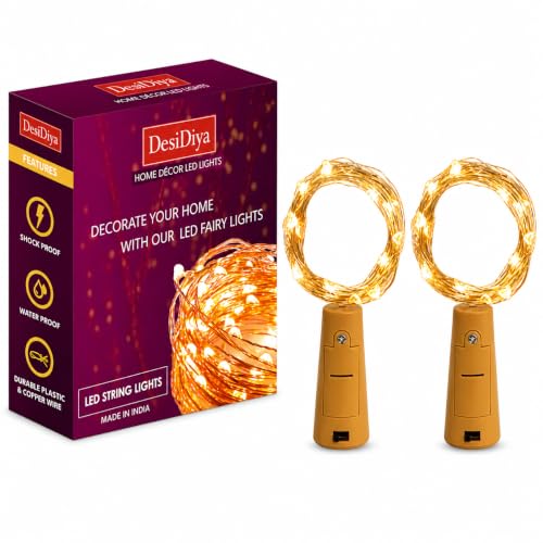 Desidiya® Bottle Lights with Cork, Mini Copper Wire, 24 LED Battery Operated String Decorative 200cm Fairy Light DIY Festive Decor for Diwali Wedding Party Decoration - Pack of 2 (Warm White)