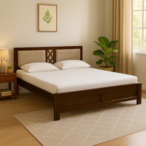 EXCEL International Solid Sheesham Wood Queen Size Bed Without Storage | Wooden Double Bed & Upholstered Cushined Headboard for Bedroom | Rosewood, Provincial Teak Finish